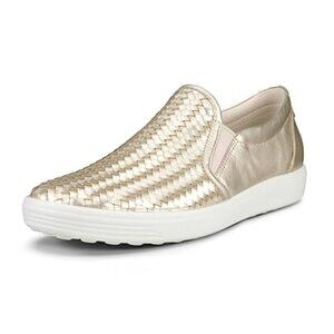175$ Ecco Soft 7 Woven Leather Flat Slip-On Sneakers Size 10 US / 41 EU Gold